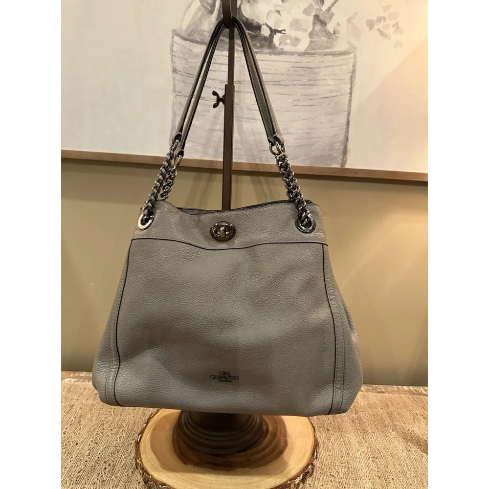COACH Edie Grey Pebbled Leather Turnlock Shoulder Hand Bag Purse 3‎ Compartment - Picture 2 of 14
